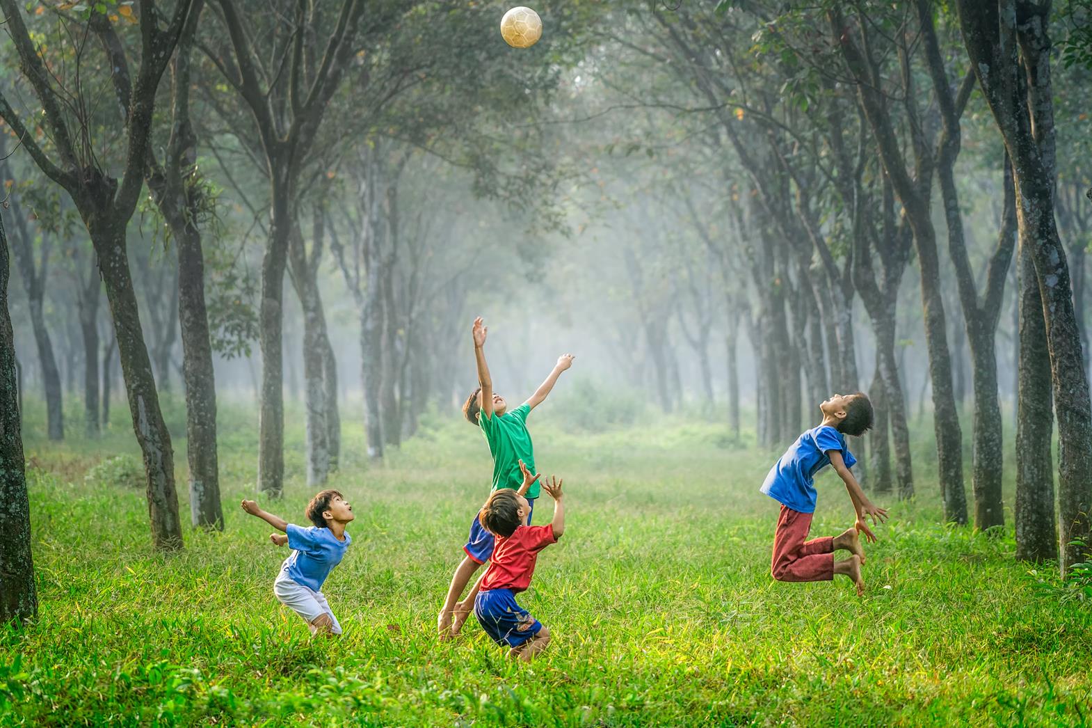 Four children playing with a ball in a meadow. Some children are jumping