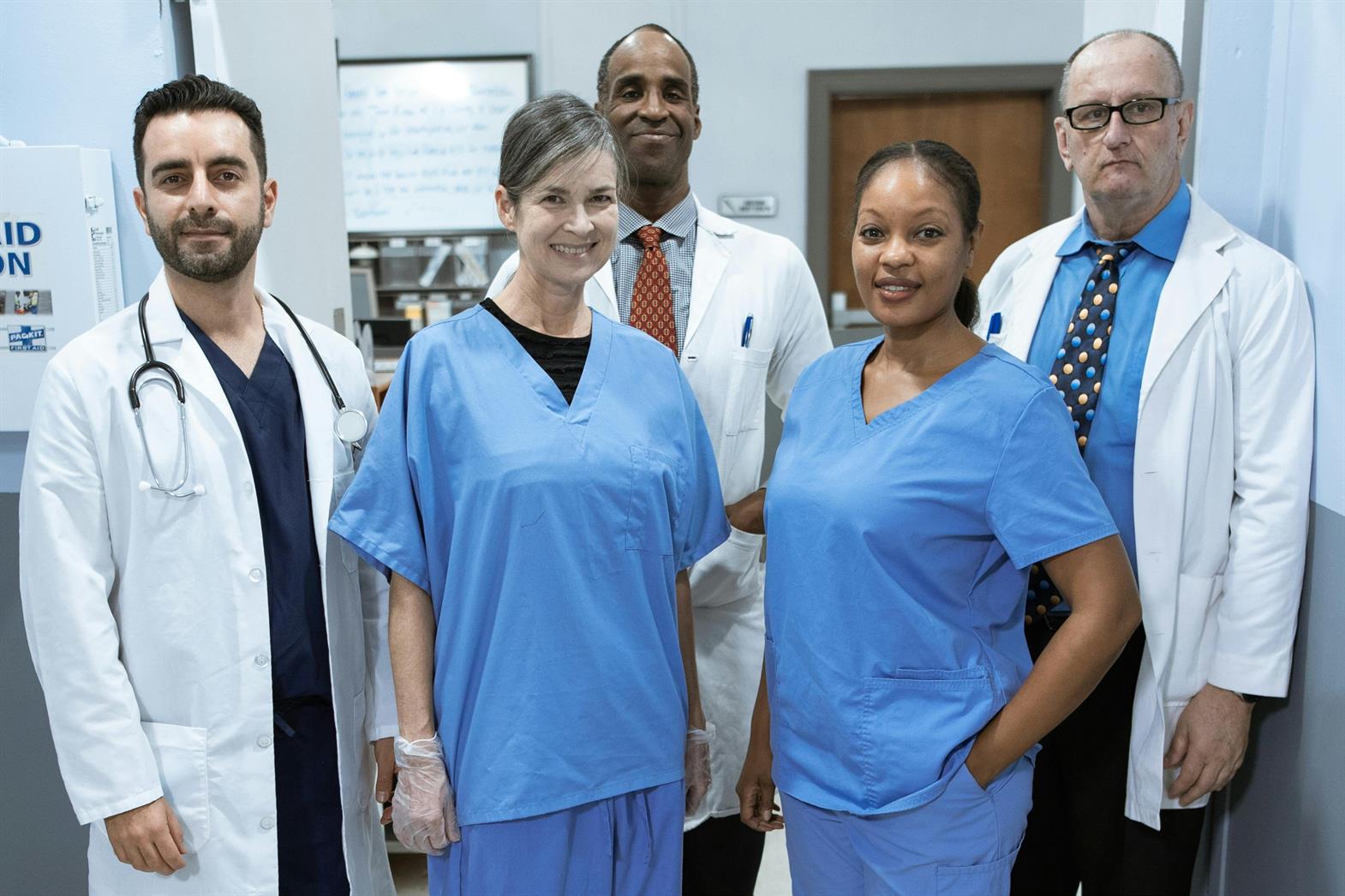 Doctors and nurses in a hospital corridor