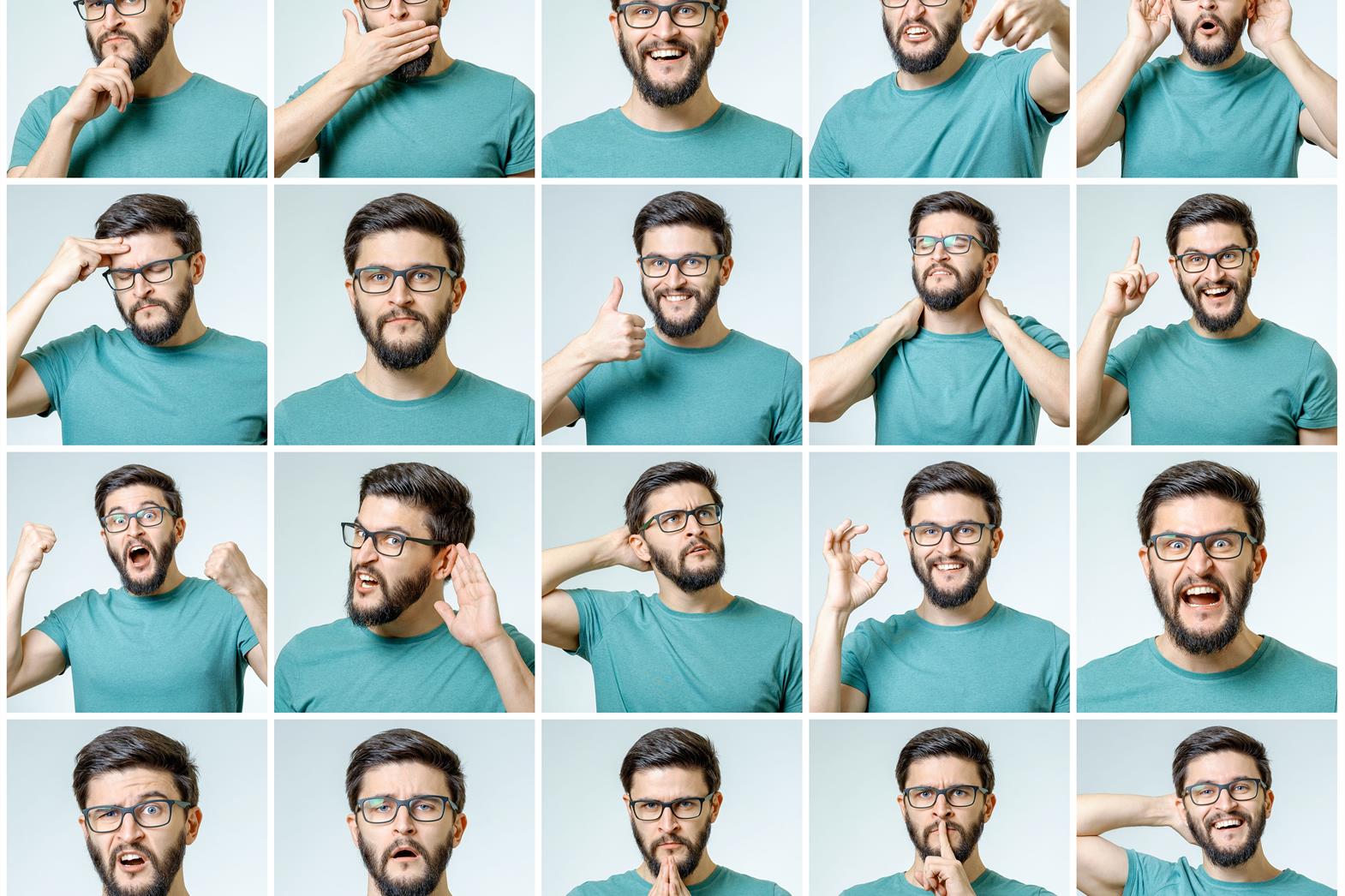Several images of a man making different facial expressions.