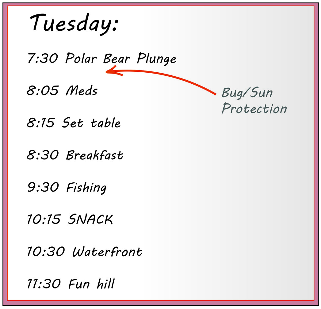 A whiteboard shows a list of times and activities